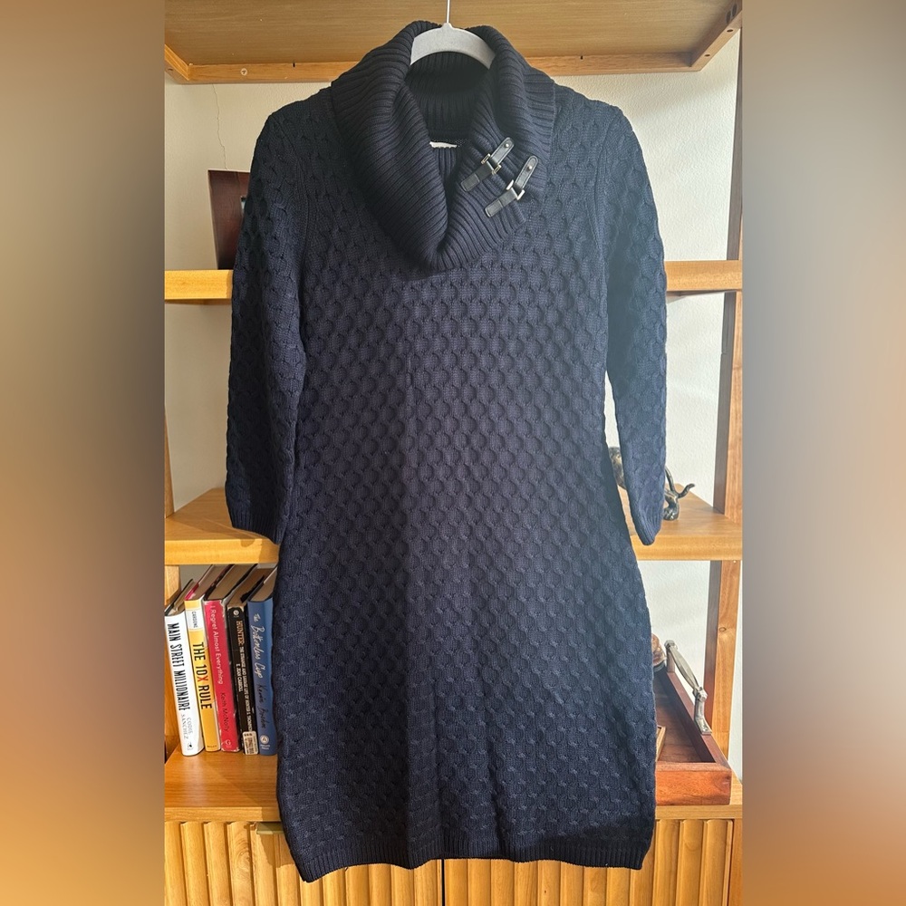 Calvin Klein Navy Buckled Cowl Neck Sweater Knit Dress - size M